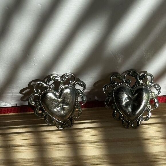 Silver Tone Ornate Framed Heart Stud Earrings - Picture 2 of 4